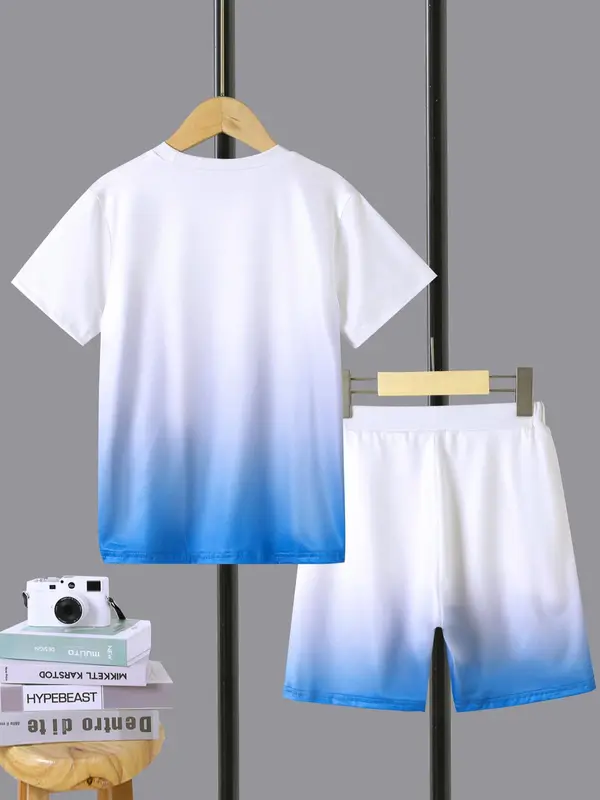 Boy's Ombre Letter Print Short Sleeve T-shirt Tee & Elastic Waist Shorts Set, Summer Outfits 2024, Summer Sets, Kids Clothing, Comfort Cozy Casual Summer Outfits Clothes for Kids, Festival Outfit 2024 3