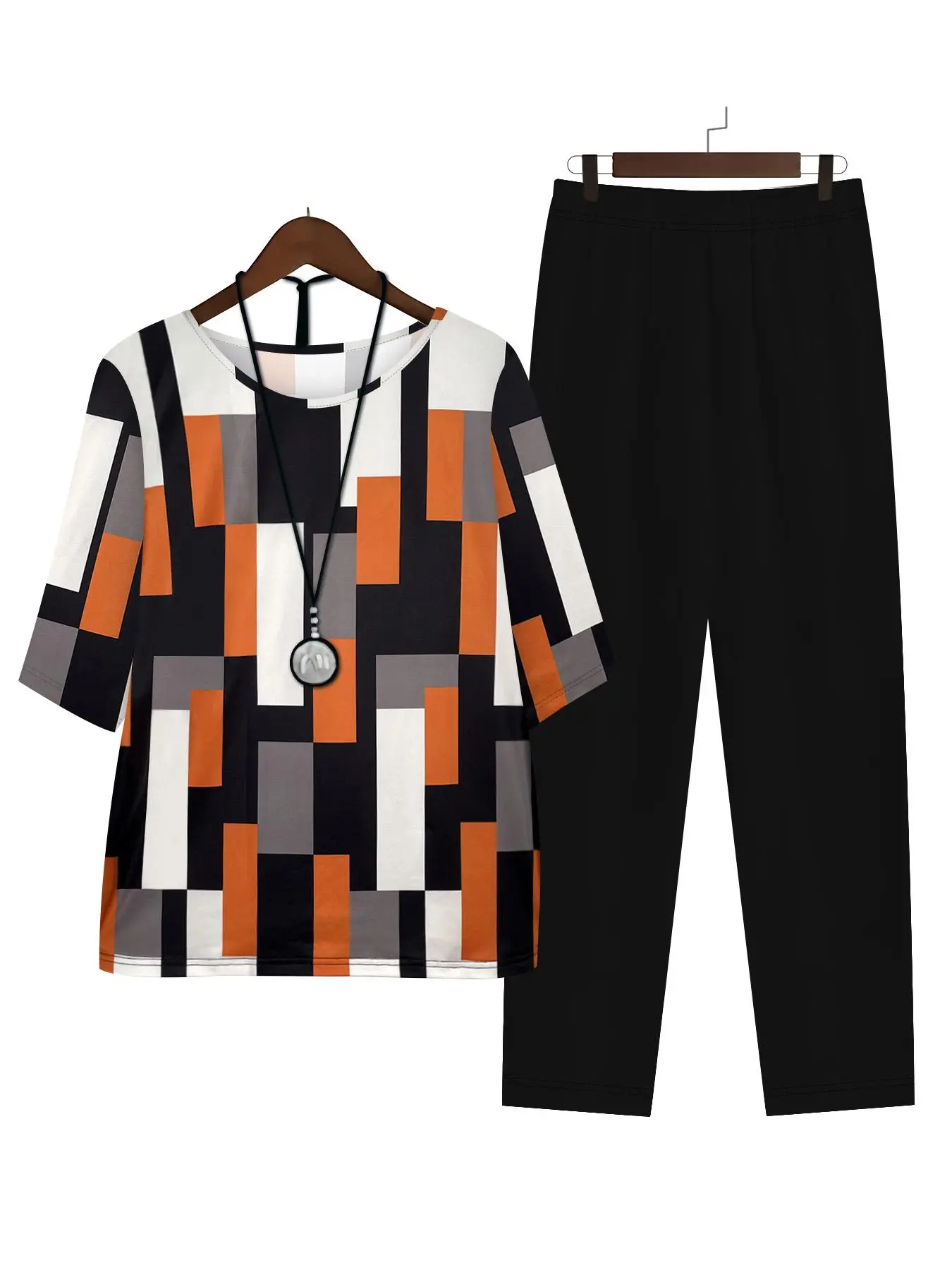 【Plus Size】 Two-Piece Set Colorblock Geometric Print Tee & Elastic Waist Pants, Casual Round Neck Half Sleeve Top & Straight Leg Trousers for Daily Wear, Women's Two-piece Outfits for All Seasons