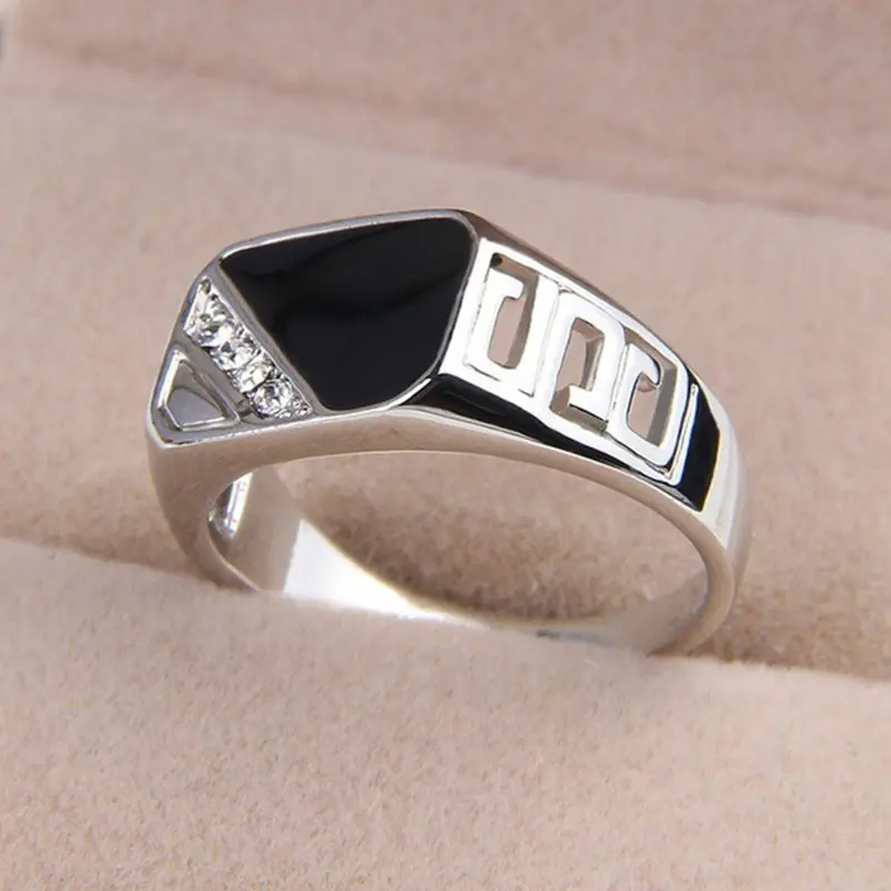 Classic Male Mens Wide Band Ring Unique 925 Sterling Silver White Black Rhinestone Square Statement Hip Hop Jewelry