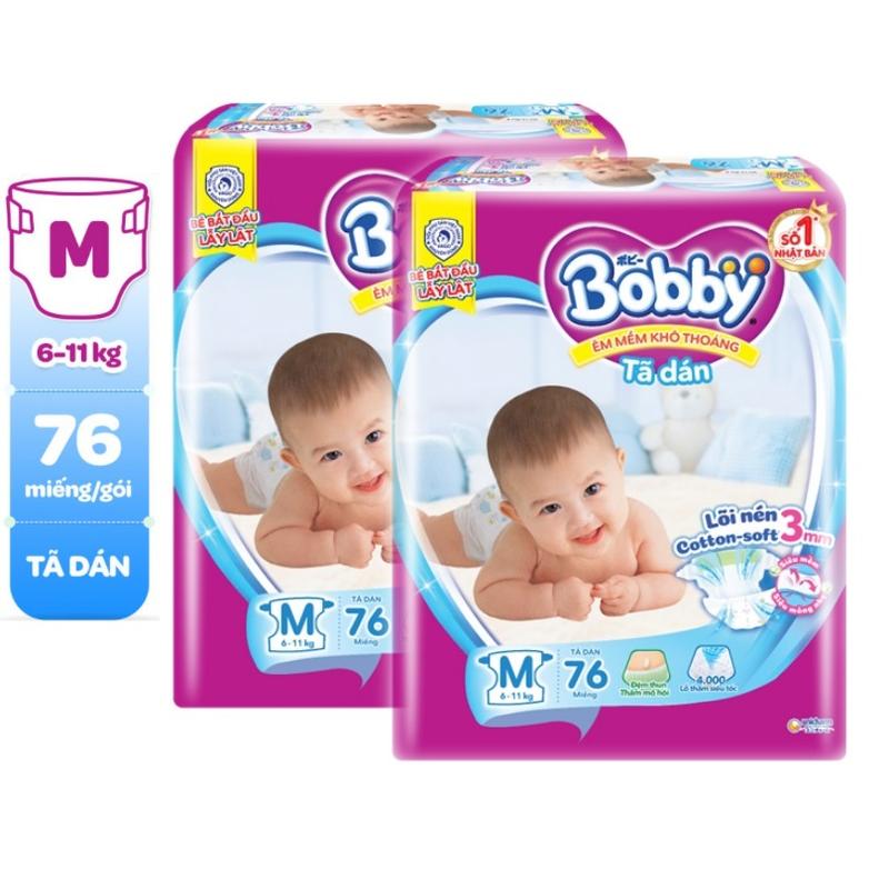 Combo 2 gói Tã dán Bobby size M76 / M76+6M (cân nặng 6-11 kg) bỉm dán Cho Bé