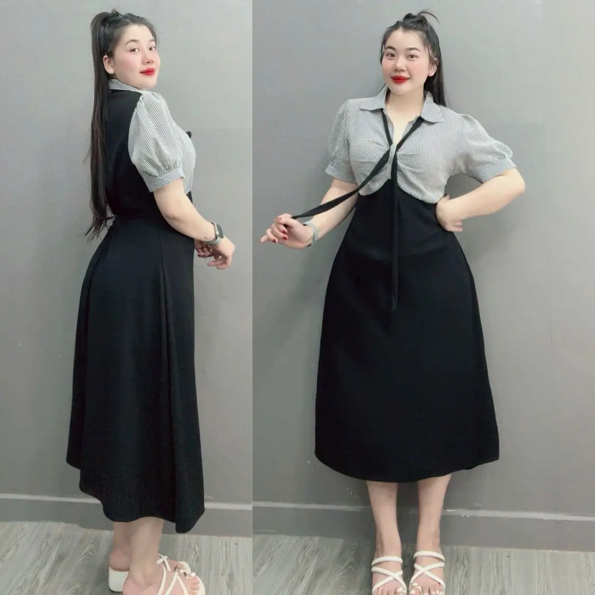 Đầm thiết kế Bigsize nữ cổ sơ mi sọc phối thun tăm co giãn thời trang thanh lịch 60-95Kg- G678