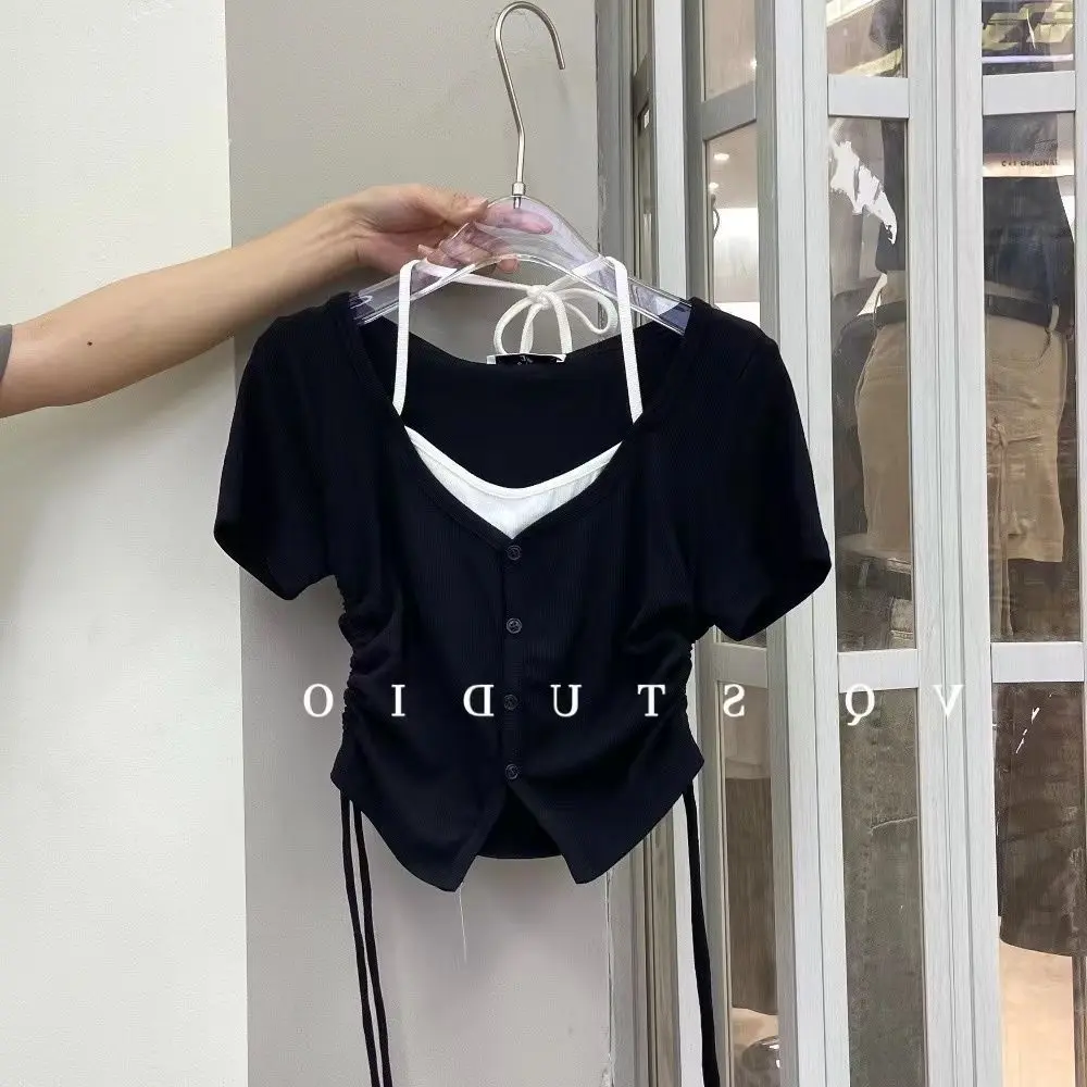 Áo Phông Cổ Vuông ngắn tay Áo, dành cho phụ nữ, phong cách gợi cảm mùa hè, với đệm ngực dây đeo, thiết kế hở lưng, thuần khiết và Cô Gái Nóng Bỏng, áo ngắn dài đến vai, màu đen