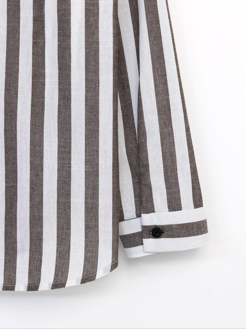 Product Introduction of Men's Striped Print Button Up Shirt, Regular Fit Casual Long Sleeve Collared Top for Spring & Fall, Fashion Men's Clothes for Beach Vacation 7