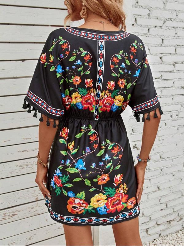 Women's Floral Ethnic Pattern Fringe Trim V Neck A Line Dress, Boho Fashion Short Sleeve Short Dress for Daily Holiday Vacation Wear, Ladies Dress for Summer 1