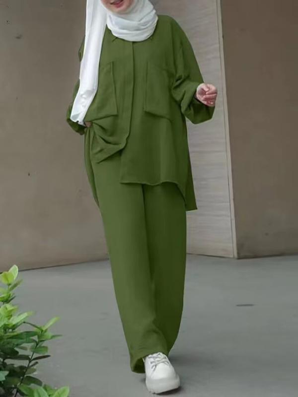 Product Introduction of 2024 Discount Middle East Muslim Long Sleeve Patch Pocket Hidden Placket Dyed Buckle Elastic Waist Trousers Shirt Outfit in Stock 4