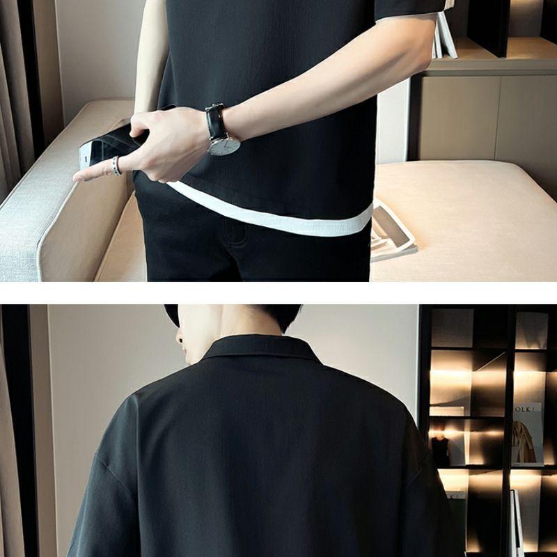Product Introduction of 2025 Fake Two-Piece V-neck T-shirt Men's Ins Fashion Brand Short Sleeve Polo Shirt Ice Silk Half Sleeve 2023 New Summer Matching Suit 23