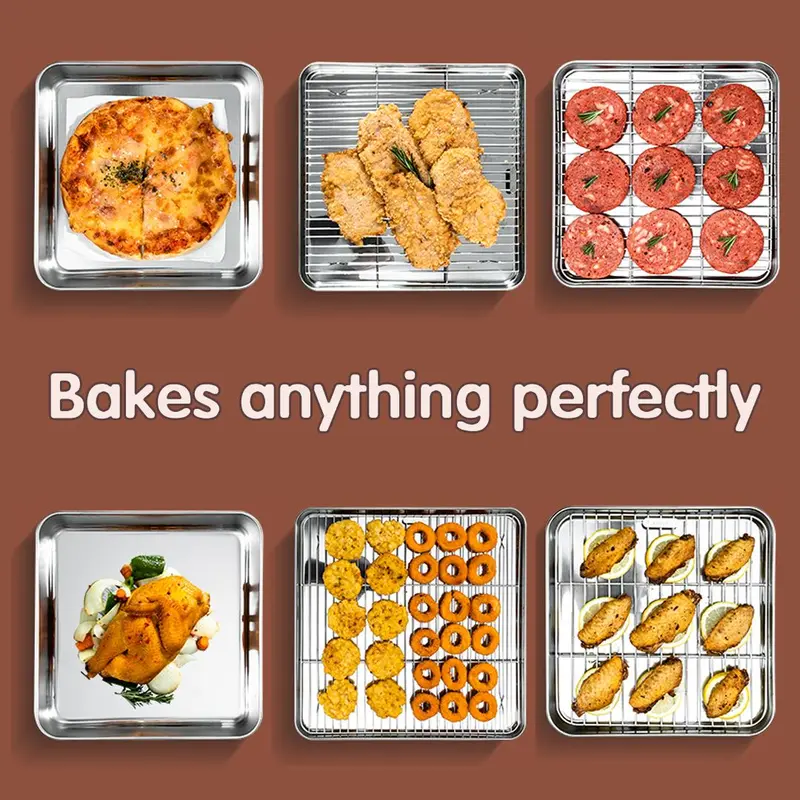 Stainless Steel Cake Baking Tray & Rack Set, 2 Sets Including 2 Counts Square Cake Baking Tray & 2 Counts Rack, Baking Tool for Home Kitchen 4