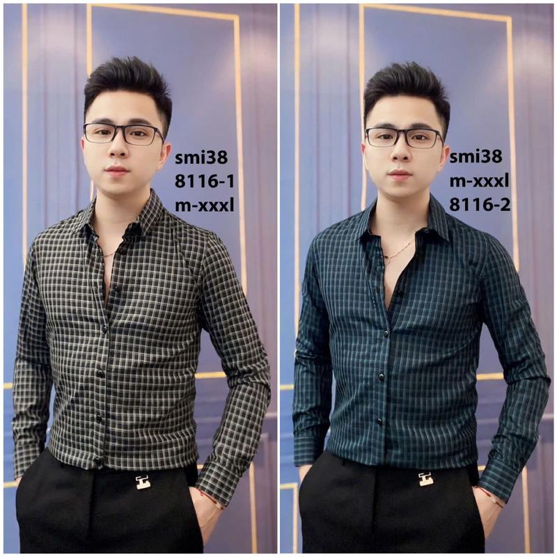 Áo sơ mi nam kẻ vuông nhỏ 8116 Menswear  Cổ Tròn 0