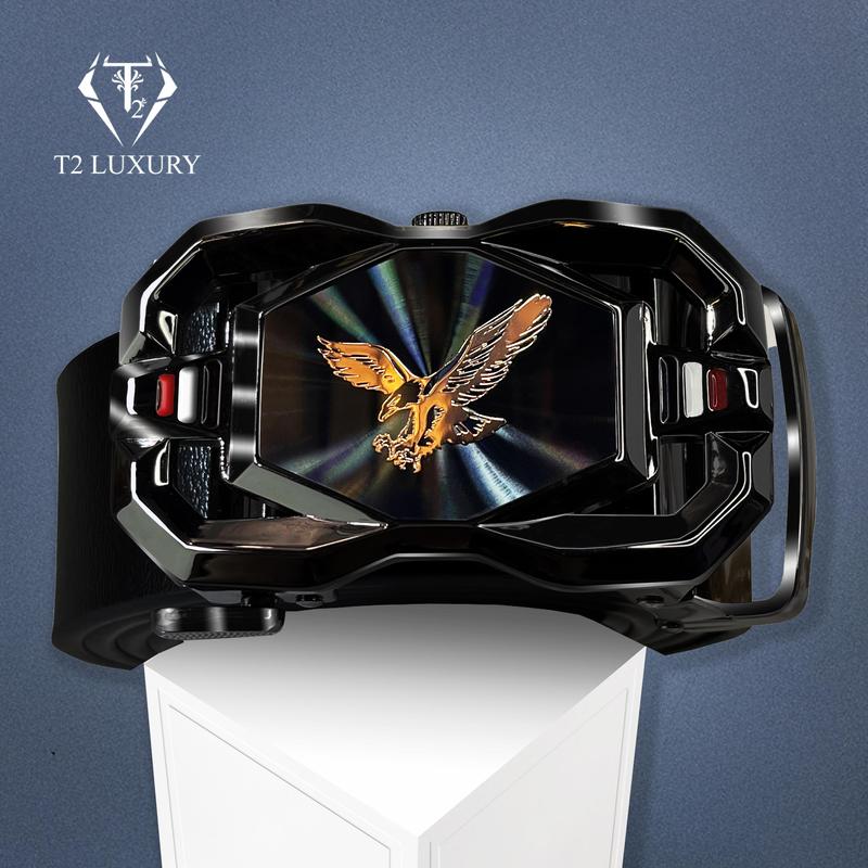 Dây lưng nam Da Bò mặt mạ crome đen bóng logo đại bàng dây da cao cấp DL29 Dây Nịt Nam Da Thật Kim Tuyến