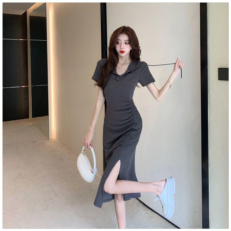 Product Introduction of Casual new style fashionable split mid length hooded skirt with women's summer temperament, waist cinched short sleeved drawstring dress 6
