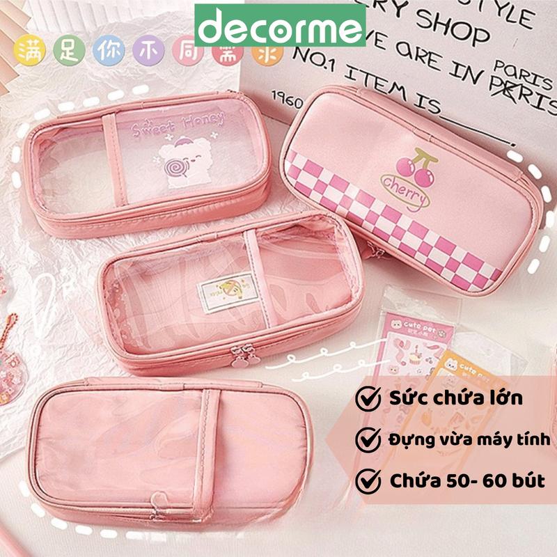 Túi đựng bút Decorme bóp viết kích thước lớn màu hồng túi mỹ phẩm dễ thương phụ kiện văn phòng phẩm
