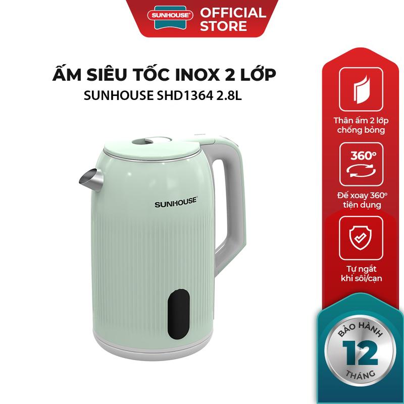 Ấm siêu tốc SUNHOUSE SHD1364, inox 2 lớp 2.8L, công suất 1500W, thân chống bỏng, bảo hành 12 tháng, Đun Nước Bình Đun Nước Ấm Đun Đun Siêu Tốc