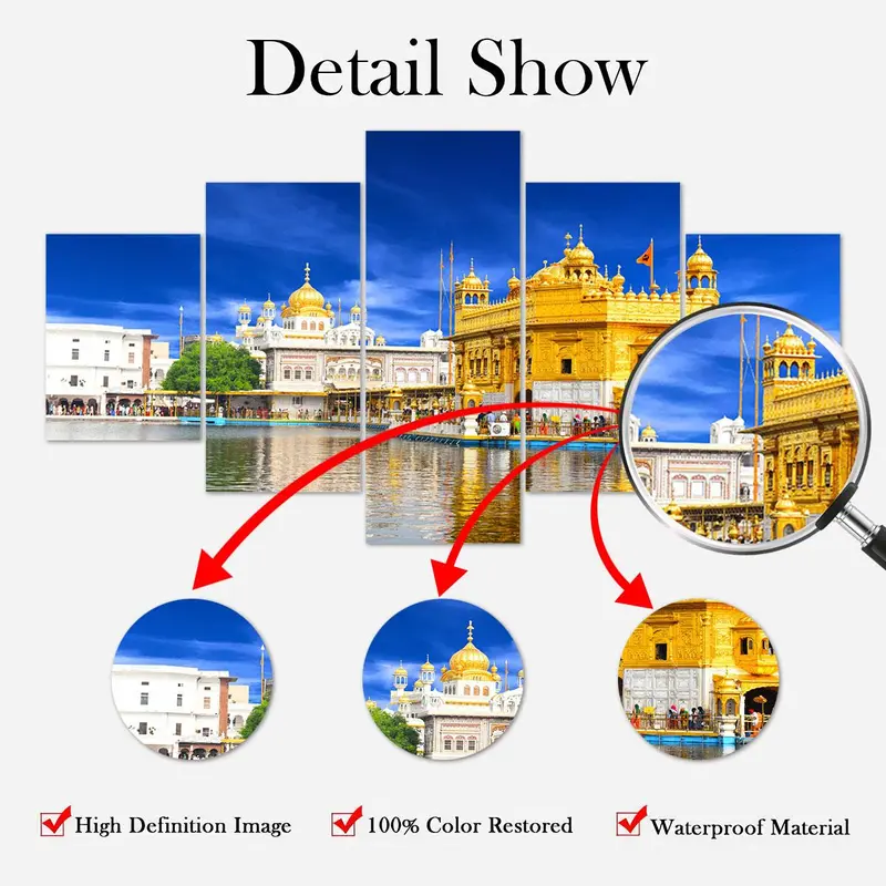 Sikh Temple Architecture Pattern Canvas Unframed Painting, 5 Counts/set Modern Wall Art, Wall Decor for Home Living Room Bedroom Office, Ornaments 2