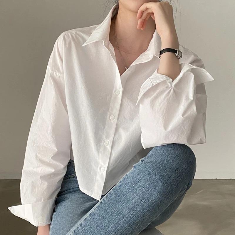 Product Introduction of Fashion Short Shirts Women Korean Chic Loose Solid Color Long Sleeve Crop Tops Female Casual Elegant Button Split Turn Down Collar Blouse 22