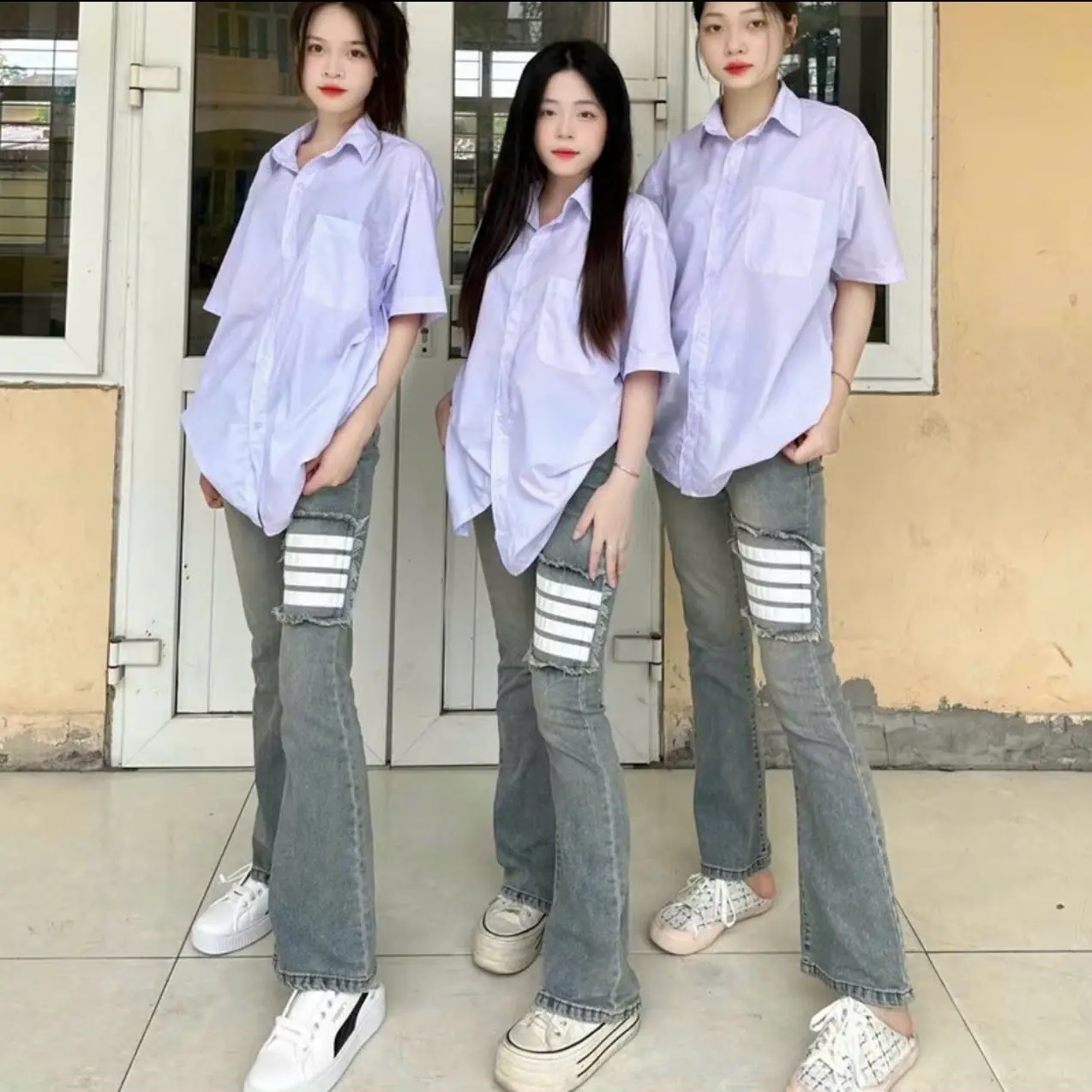 Quần jeans loe mài bạc gối in vạch cạp cao co dãn tôn dáng dễ phối đồ Denim