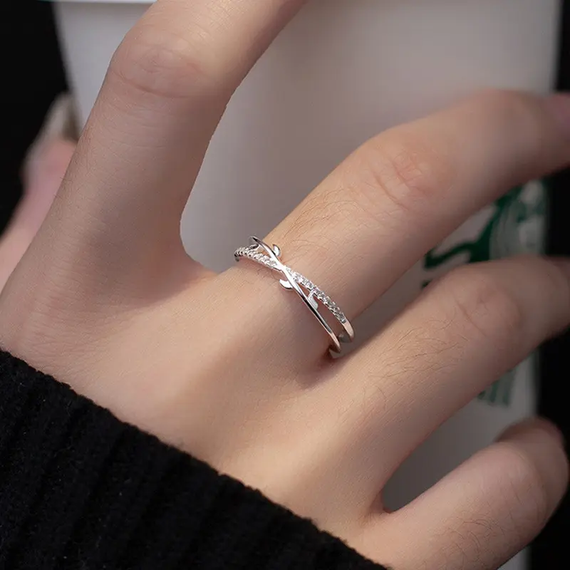 Inlaid Diamond Branch Bud Ring for Women, Niche Trendy Simple Circle Index Finger Tail Ring, Fashionable Minimalist Cross Leaf Open Ring