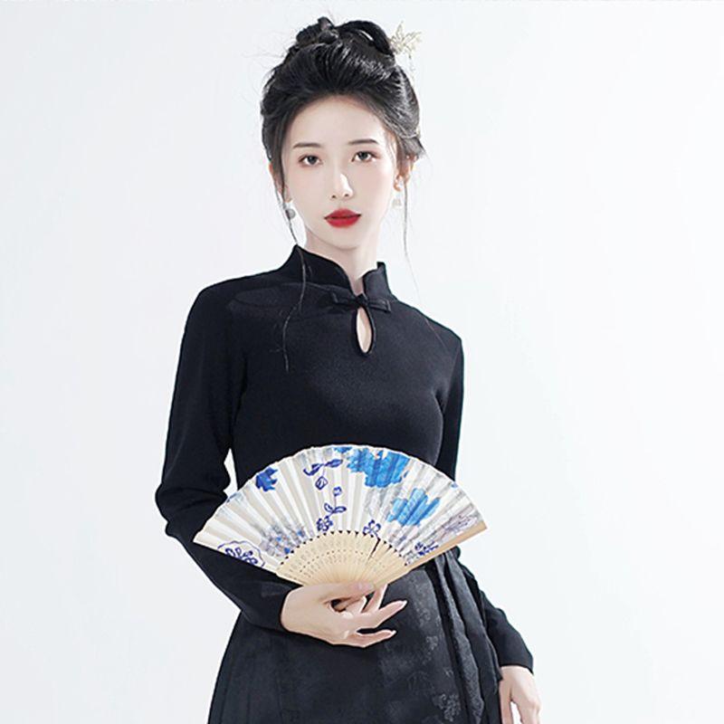 Áo Sườn Xám Phong Cách Trung Quốc Mới, Cổ Chân Đế Tay Phồng Dành Cho Nữ, Thích Hợp Cho Mùa Xuân Và Mùa Thu, Phong Cách Quốc Gia Mới, Áo Thun Dài Tay Thiền 4