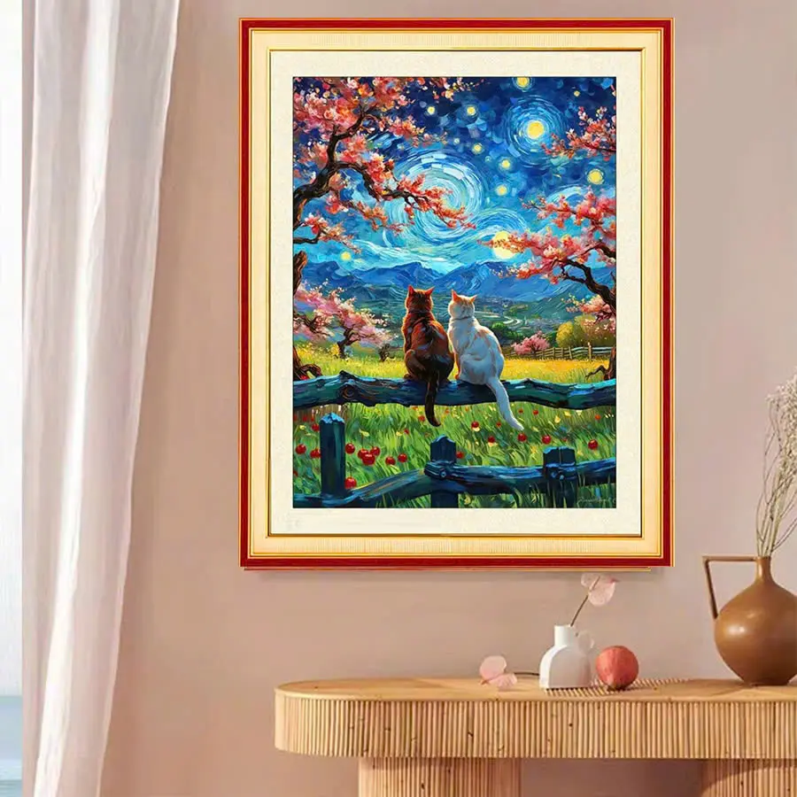 Tranh thêu chữ thập Mèo Dưới Trăng (thêu kín) 6760 - KT:(50x66)cm