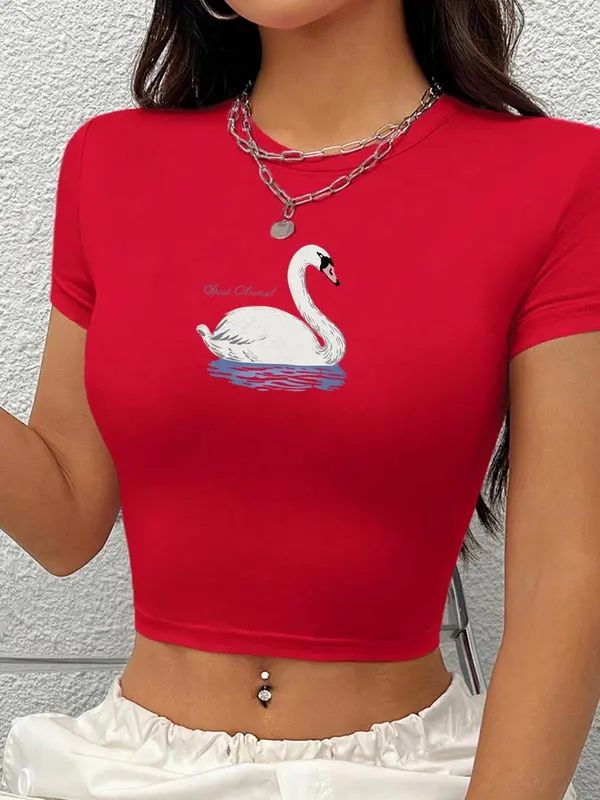 Women's Y2K Swan & Letter Graphic Round Neck Crop Tee, Casual Short Sleeve Crew Neck T-Shirt for Daily Wear, Ladies Clothes for All Seasons 4