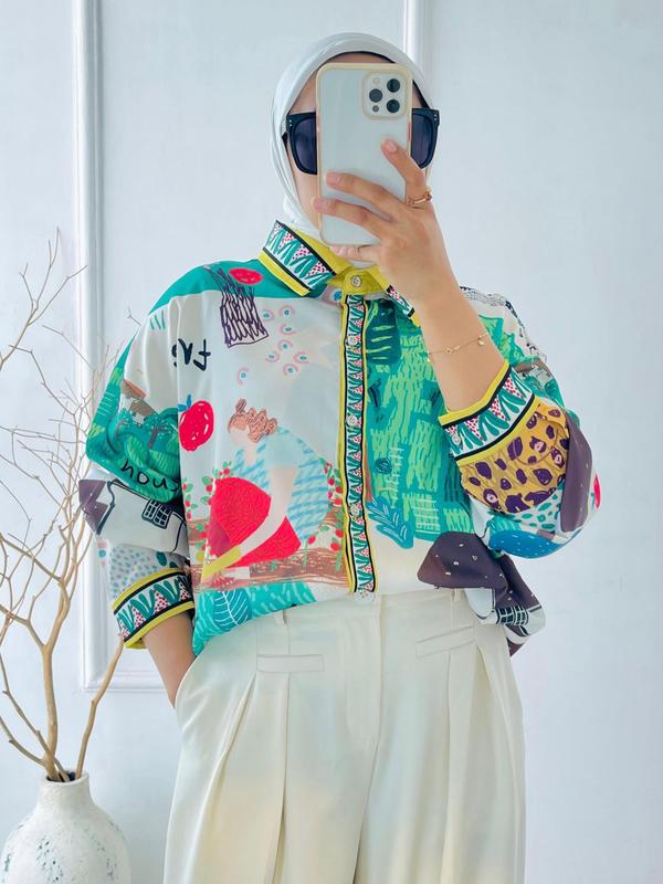 Kemeja Wanita Silk Aqiana Oversize - Baju Panjang Motif  Casual Atasan 4