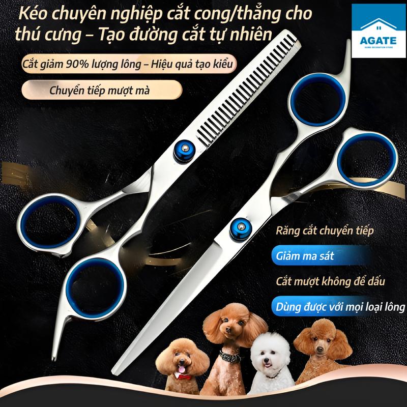 Kéo tỉa lông thú cưng bao gồm kéo cắt kéo tỉa kéo cong – chất liệu thép không gỉ chống ăn mòn mạnh bền chắc