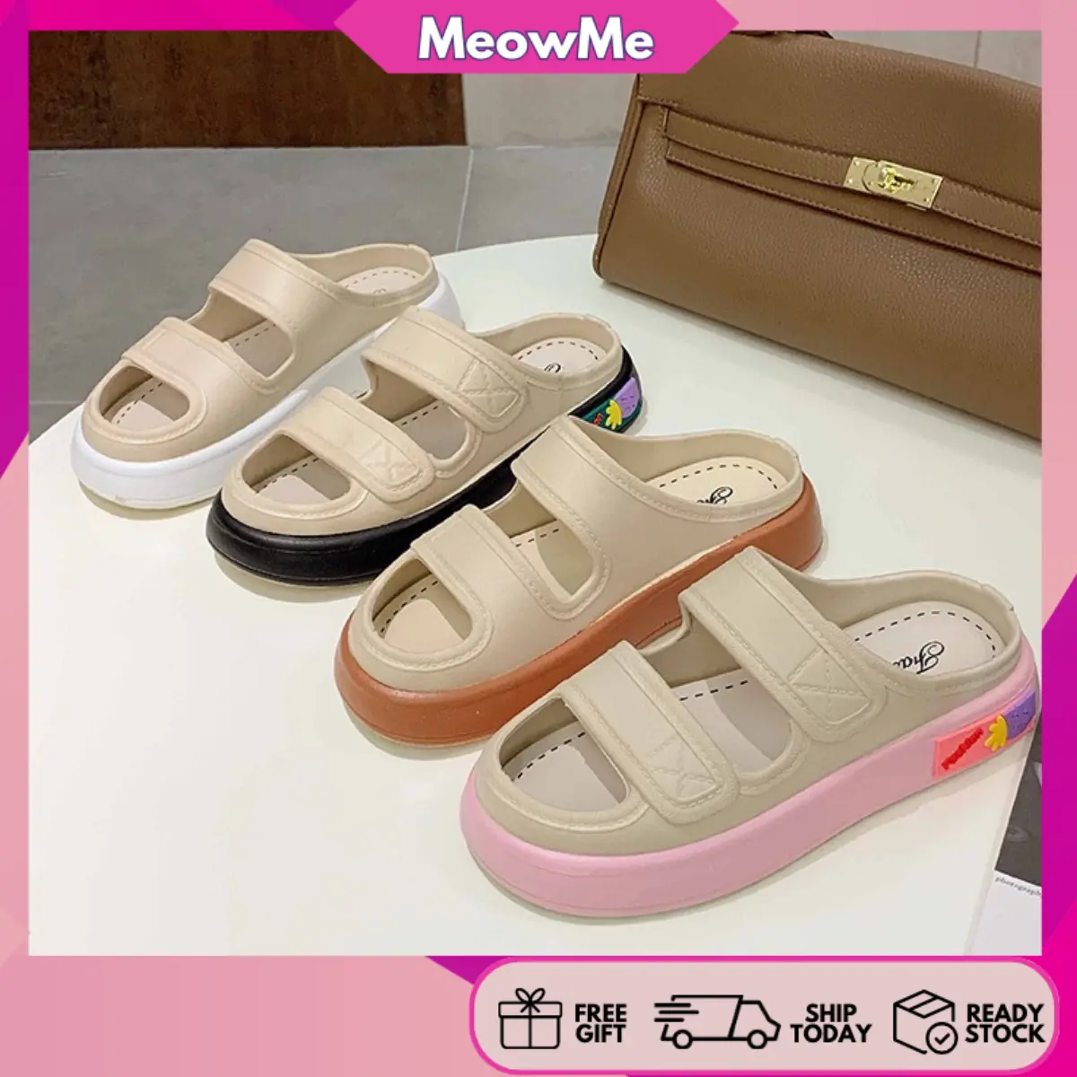 Ready stock Women Slippers Slipper Double Strap Cartoon Casual Thick Platform Slipper Selipar