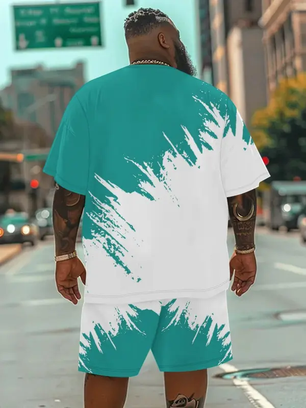 【Plus Size】 Colorblock Short Sleeve Tee & Drawstring Waist Shorts Set, Regular Fit Round Neck T-shirt & Shorts, Casual Summer Clothes for Men, Menswear 1