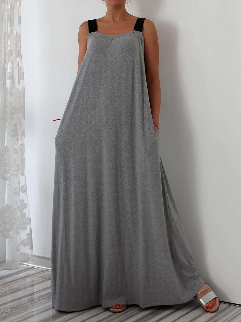 Product Introduction of Plus Size Solid Pocket Tank Dress, Casual Sleeveless Straps Maxi Dress for Spring & Fall, Women's Plus Clothing for Daily Wear 5