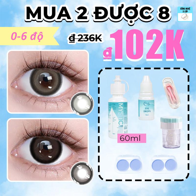 [Mua 2 được 8]0-6 độ MYSTIC EYES Kính áp tròng 2 cặp lens 14.0mm-14.5mm + 2 khay đựng lens + 1 lọ nước ngâm lens 60ml + 1 lọ nước nhỏ mắt 10ml + 1 dụng cụ rửa lens + 1 set dụng cụ đeo lens lens  cứng