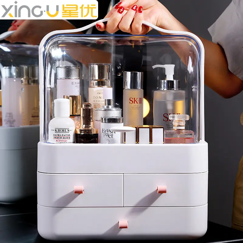 Transparent cosmetics storage box, hand-held drawer style dust-proof flip top desktop dressing table, skincare products, jewelry and makeup box