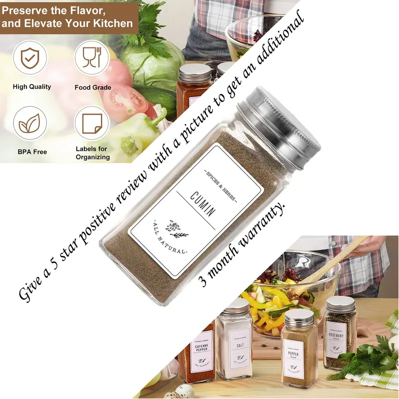Glass Spice Jar Set, 12/24pcs Airtight Square Containers with Lids Brushes & Labels, Stylish Kitchen Storage & Father's Day Gift (120ml, Easy-pour One-hand Use) 5