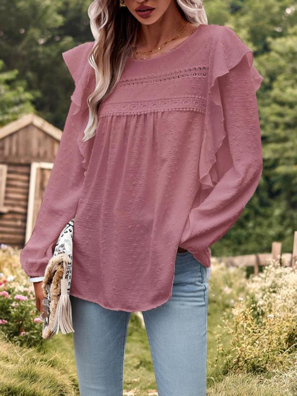Women's Plain Contrast Lace Swiss Dot Ruffle Trim Blouse, Boho Bishop Sleeve Keyhole Back Top for Fall & Winter, Women's Clothing for Daily Wear 3
