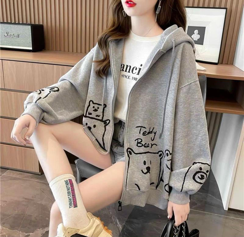 áo khoác hoodie nữ có dây kéo hoạ tiết gấu cute siêu dễ thương Top Thun Women Kem XL DƯỚI 65KG