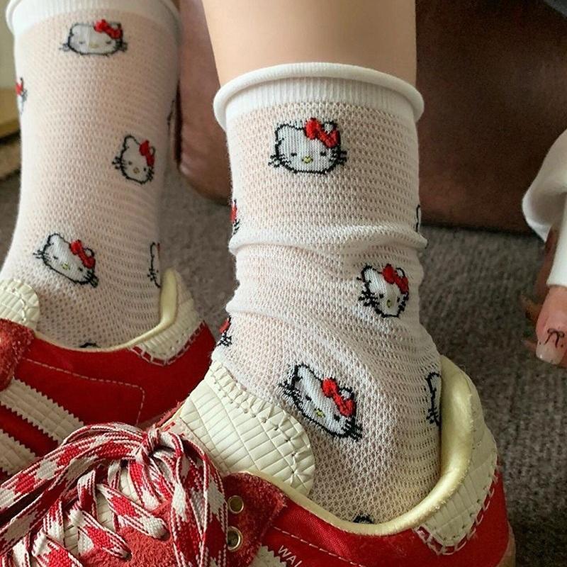 Product Introduction of Cartoon Sanrio Socks Cute Hello Kitty Bow Mid-tube Socks Cotton Thin  Mesh Hollow Breathable Socks Sweet Girly Heart Gifts 19
