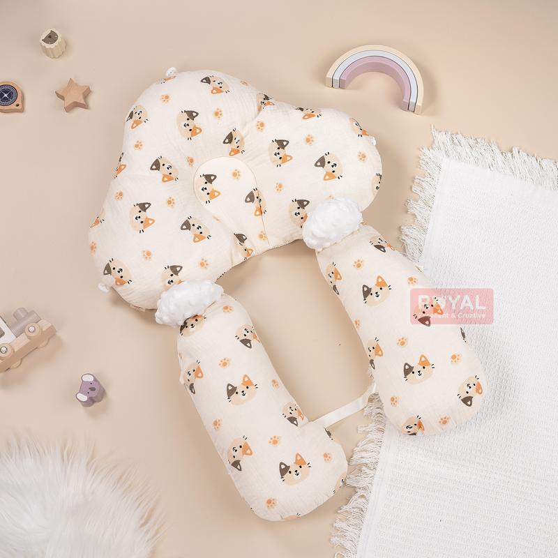 Gối ôm chữ U cao cấp chống giật mình, định hình đầu giúp bé ngủ ngon vải Muslin phối lưới thoáng khí, Có dây rút tự điều chỉnh