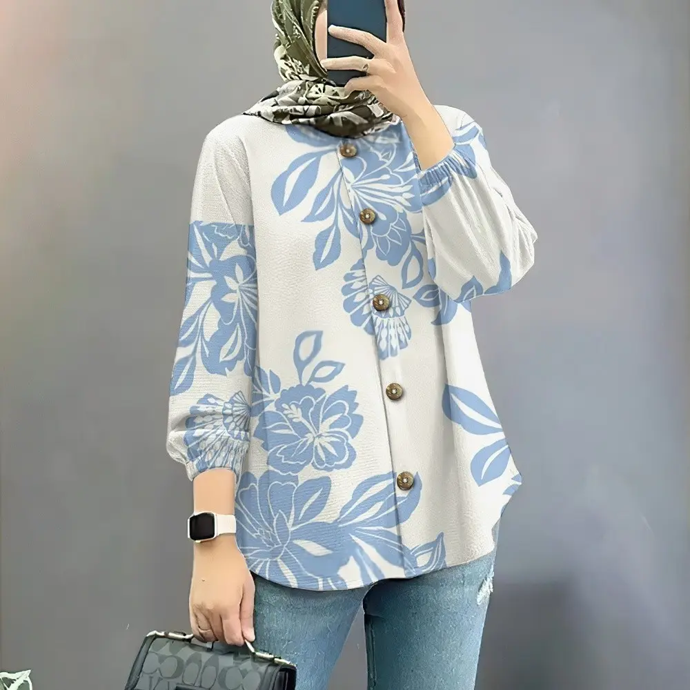 Muslim Shirt Style Elegant Plus Size Women's Shirt Muslim Long Sleeved Shirt Plus Size T-shirt Women's Simple Floral Cardigan Top