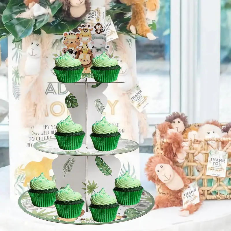 Cartoon Jungle Animal & Plant Pattern Cake Stand, 1 Count Round Cake Display Stand, Cake Decorating Supplies for Home Party Wedding 2