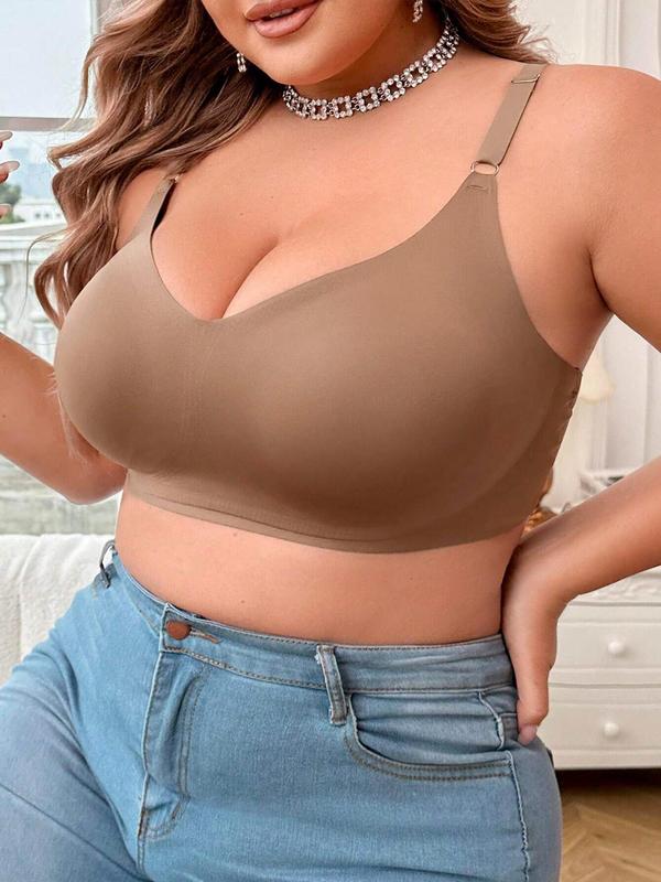【Plus Size】 Solid Adjustable Strap Wireless Push Up Bra, Casual Comfortable Breathable Lingerie Top for Daily Wear, Women's  Underwear for All Seasons 6