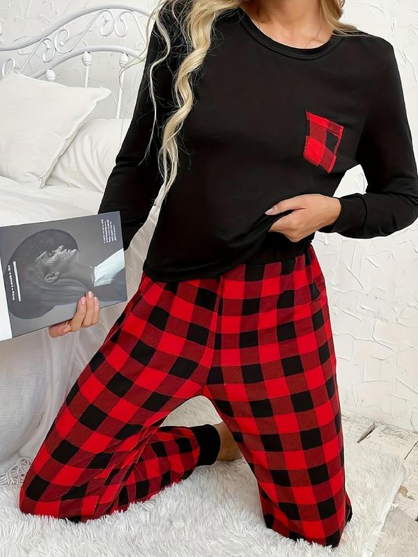 Two-Piece Set Women's Long Sleeve Tee & Plaid Print Pants Pyjama Loungewear Set, Lady Comfy Crew Neck T-shirt & Trousers Pj Set, Womenswear Pajama Set, for Spring & Fall 3
