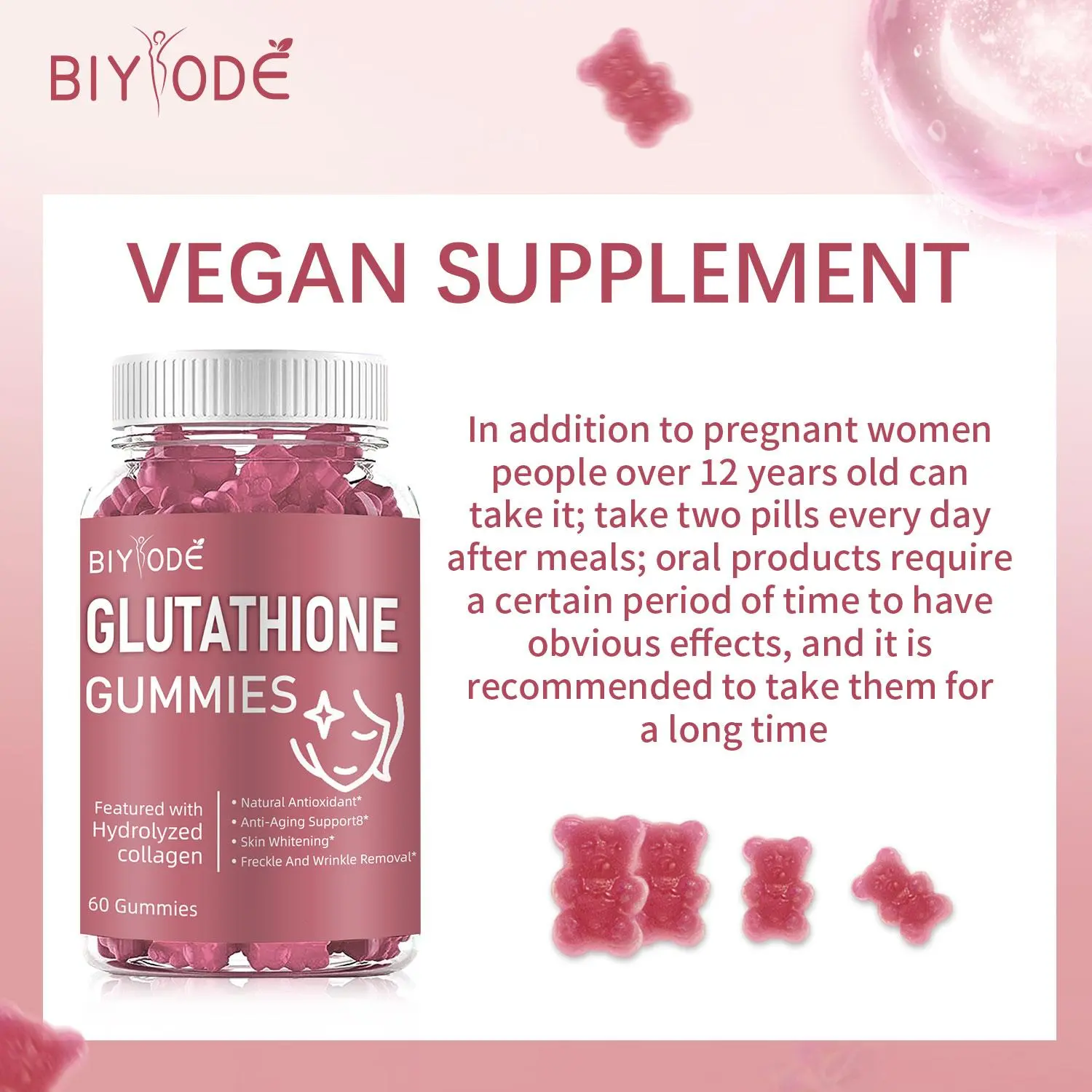 BIYODE Glutathione Gummies - 60 Vegan Capsules with Hydrolyzed Collagen &  Biotin for Anti-Aging