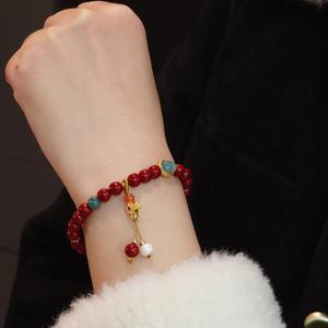 Gelang Tangan Cinnabar, Rekaan Bulatan Tunggal 6MM, Tahun Zodiak, Diperbuat daripada Cinnabar dan Mutiara Air Tawar dan Sumber Jed