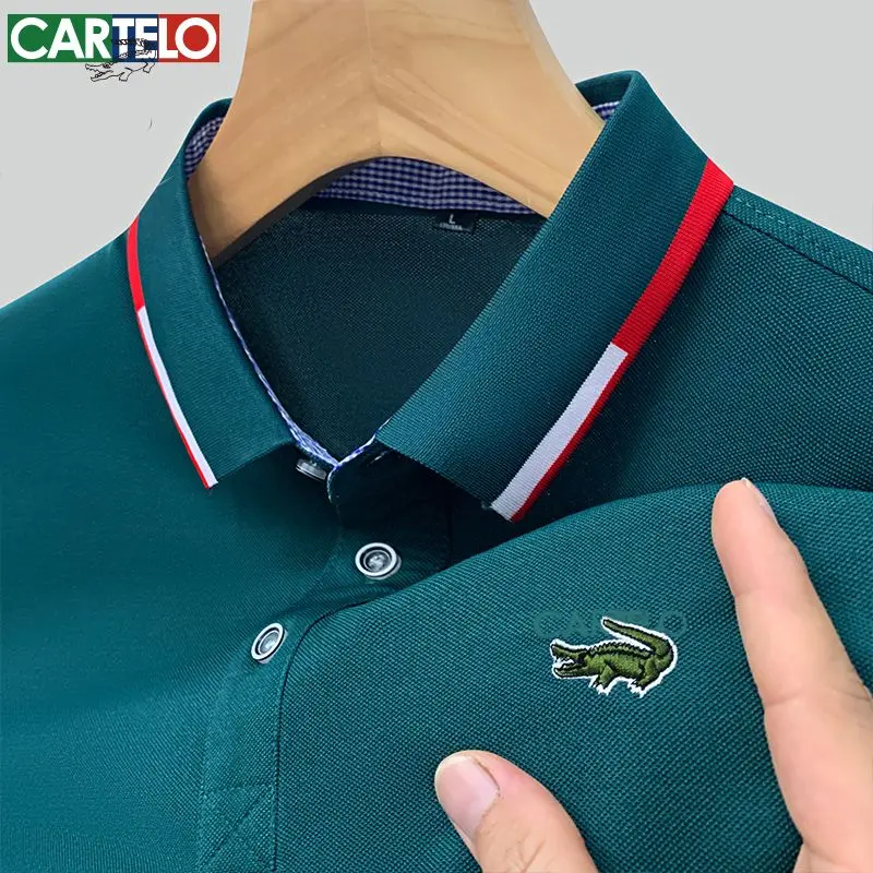 Kemeja-T Lengan Pendek Lelaki, Buaya Cartile, Bersulam, Lapel Belia, Saiz Besar, Baju Polo, Atasan Warna Pepejal Bergaya