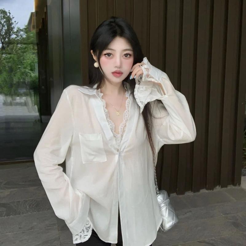 Product Introduction of Áo Sơ Mi Vải Lanh Và Cotton Màu Trắng, Giả Hai Mảnh, Dành Cho Mùa Hè Của Phụ Nữ, Áo Sang Trọng Và Đẹp Cao Cấp Dài Trung Bình Ren Chống Nắng 4