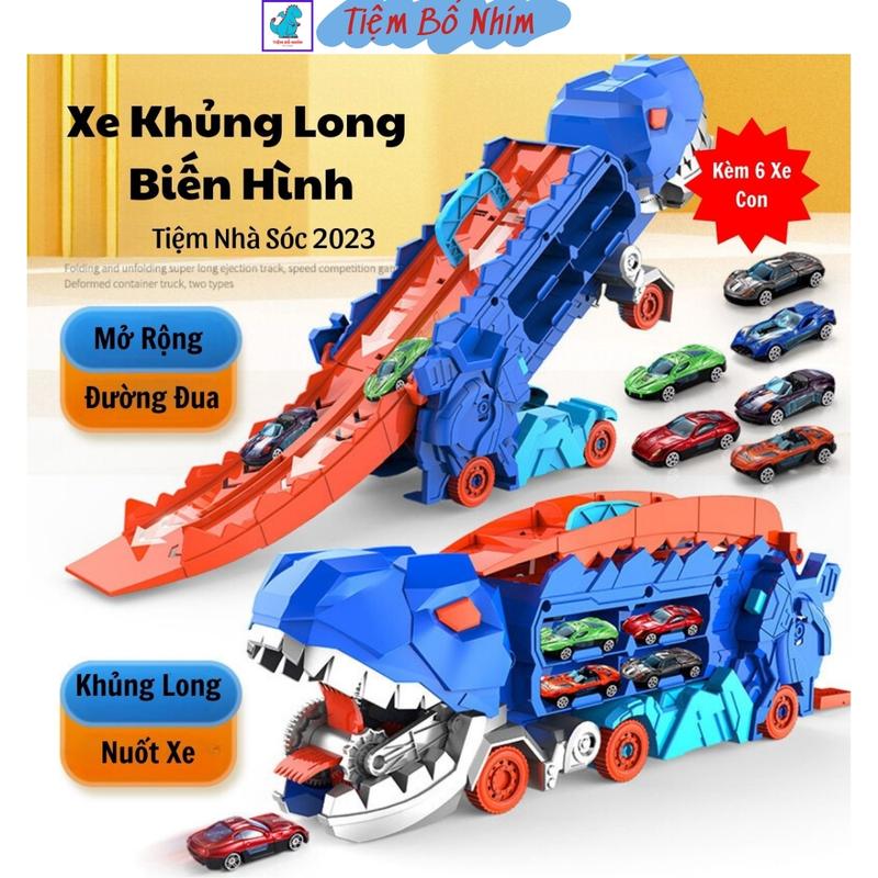 Đồ Chơi Xe Ô Tô Khủng Long Biến Hình Kèm 6 Xe Con Xe Đua Cầu Trượt Xe Khủng Long Nuốt Ô Tô Cho Bé Toy