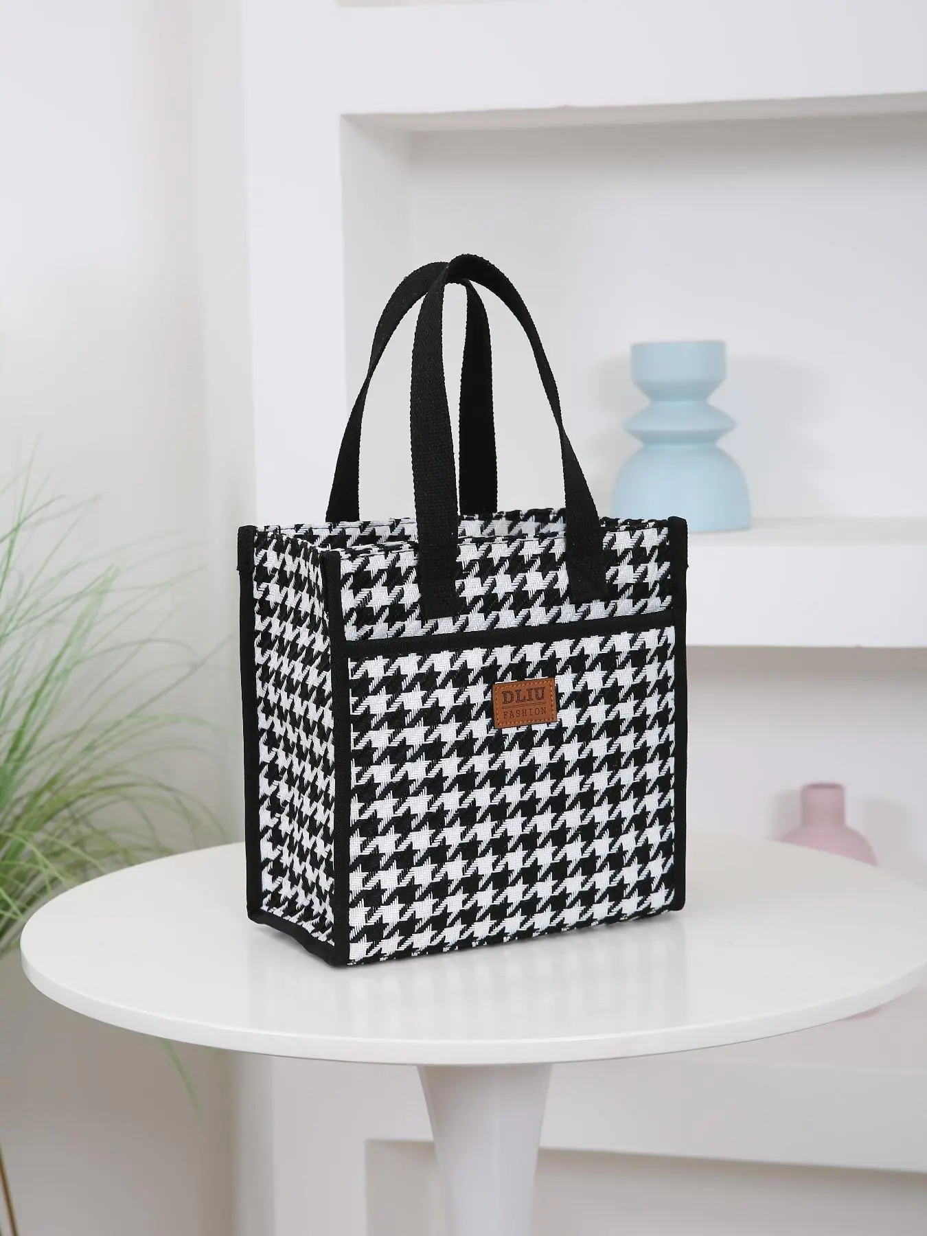 Fashion Houndstooth/leopard Pattern Lunch Bag, Large Capacity Insulated Bag with Zipper, Portable Durable Lunch Box Bag for Work & School
