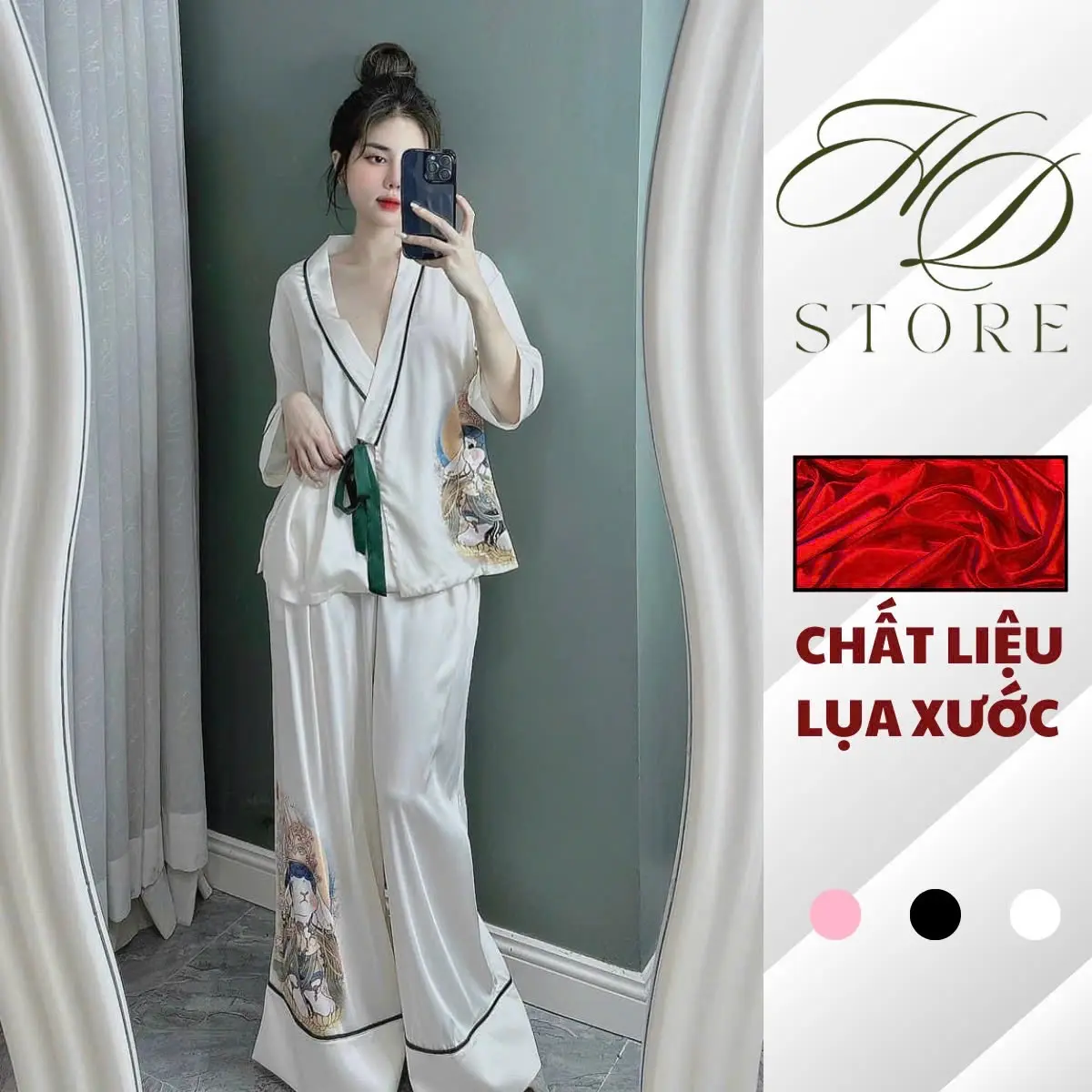 Đồ Bộ Nữ Mặc Nhà Lụa Xước Voi Áo Hình Chú Thỏ [Có Dây Cột Eo Màu Đen] 2 Màu Trắng và Đen Freesize 40-58kg Nho Nhung