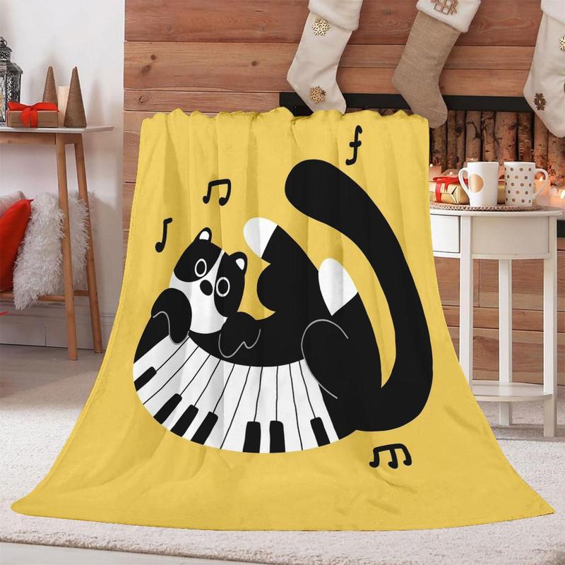 Product Introduction of Cat & Piano Pattern Blanket, 1 Count Soft Comfortable Warm Throw, Air-conditioned Room Blanket, Warm Nap Blanket for Home & Office 3