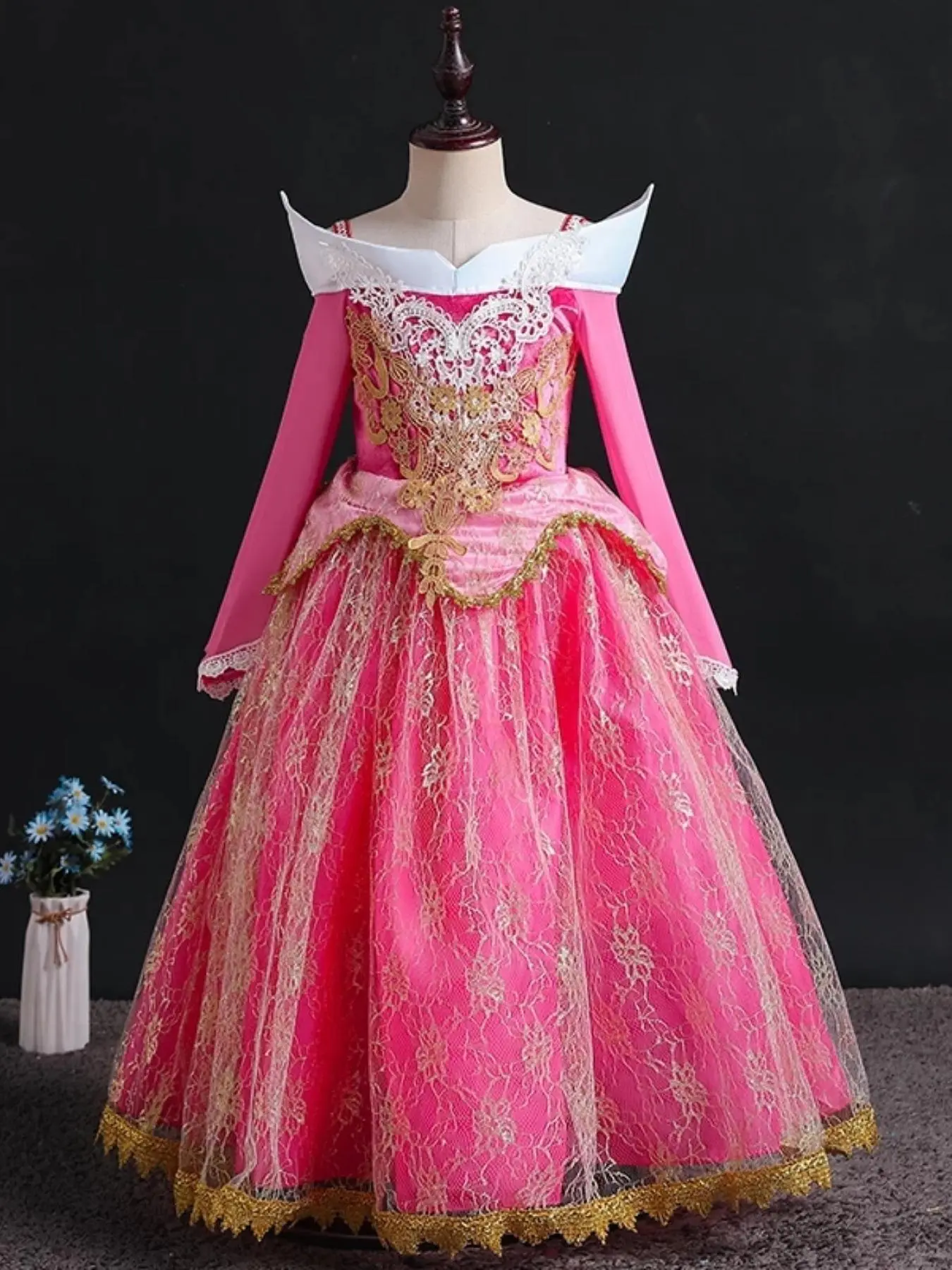 Girl's Colorblock Contrast Lace Cold Shoulder A Line Dress, Elegant Contrast Mesh Princess Party Gown, Formal Princess Dresses, Kids Wedding Party Formal Occasions Clothing