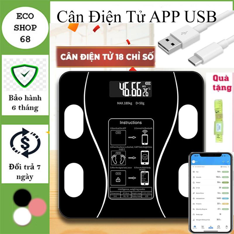  Cân Điện Tử APP Sạc USB Kết Nối Bluetooth Phân Tích Chỉ Số Cơ thể  Tặng thước đo cáp sạc  
