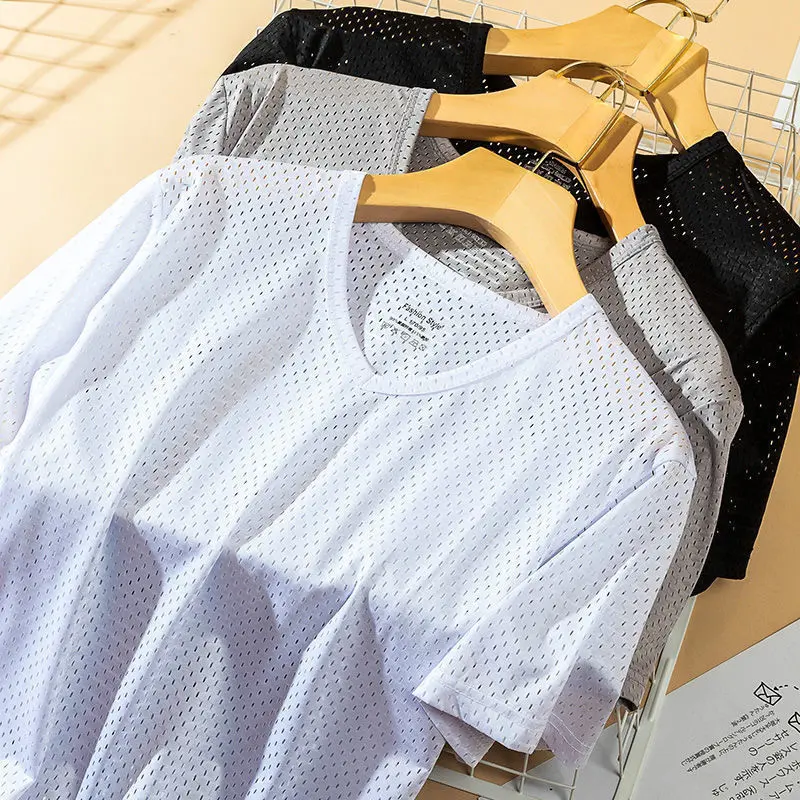 New Arrival Fast Shipping Free Shipping Ice Silk Short Sleeve T-shirt Men's Summer Thin Mesh Breathable and Loose Suit Half Sleeve T-shirt Menswear Top